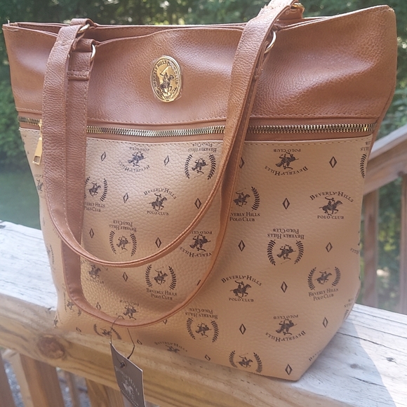 Beverly Hills Polo Club Tan Signature Monogram Faux Leather Tote Bag - Picture 12 of 14